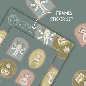 Puede incluir: Una hoja de pegatinas con fondo verde y varios marcos con ilustraciones de personas con flores y plantas. El texto "FRAMES STICKER SET" está en la parte superior de la hoja. El texto "CRAFTED FACTORY sticker sheet" está en la esquina inferior izquierda.