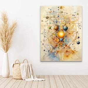 May include: Abstract art painting with a yellow, orange, and blue color scheme. The painting features a central circle surrounded by smaller circles and lines.