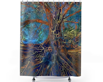 Shower Curtain Abstract Fractal Geometry Art | Roots of Knowledge | Blue Tree, Boho Bathroom Decor, Designer Bath, Shower Art | Made in USA