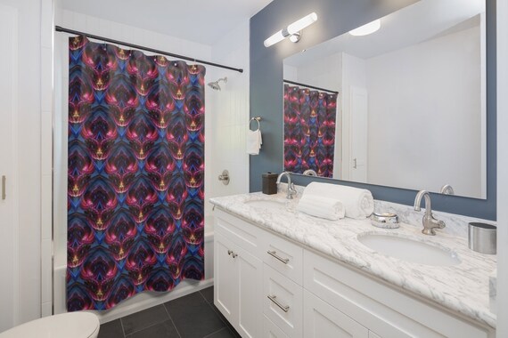 Designer Bath Bathroom Decor Fractal Paisley in Blue Red Gold Shower Art Made in USA Fractal Shower Curtain Geometry Art