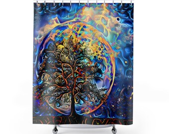 Shower Curtain Abstract Fractal Art | Full Moon Behind Tree | Blue Gold Boho Bathroom Decor, Designer Bath, Shower Art | Made in USA
