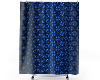 Fractal Shower Curtain Geometry Art | Velvet Blue Fractal Geometry | Bathroom Decor, Designer Bath, Shower Art, Abstract | Made in U