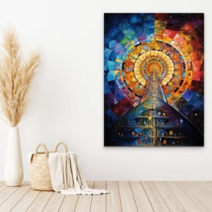 May include: Abstract painting with a colorful, stained glass-like design. The central image is a circular, sun-like shape with a golden glow. The painting is set against a dark blue background with stars.