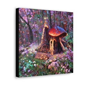 Canvas Gallery Wrap Wall Art | Ready to Hang | Abstract Fantasy Unique Magical Whimsical |  Fairy House Mushroom Cottage | Made in USA