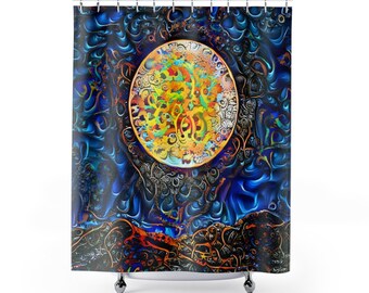 Shower Curtain Abstract Fractal Art | Full Moon Over Mountains | Blue Gold Boho Bathroom Decor, Designer Bath, Shower Art | Made in USA