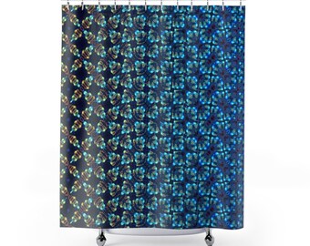 Fractal Shower Curtain Geometry Art | Fractal Transformed in Blue Gold | Bathroom Decor, Designer Bath, Shower Art, Abstract | Made in USA