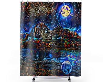 Shower Curtain Abstract Fractal Art | Full Moon Reflecting on Water | Blue Gold Boho Bathroom Decor, Designer Bath, Shower Art | Made in USA
