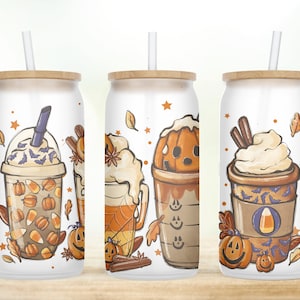 Custom Fall Coffee Glass Cup: Pumpkin Iced Coffee with Lid & Straw