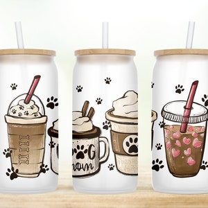 Dog Mama Iced Coffee Glass Cup: Frosted Can with Bamboo Lid & Straw
