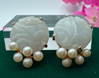 Ming's Jewelry White Jade Earrings | Clip-On Earrings | 14K Gold Earrings | Carved Jade Earrings | Ming Jewelry Hawaii