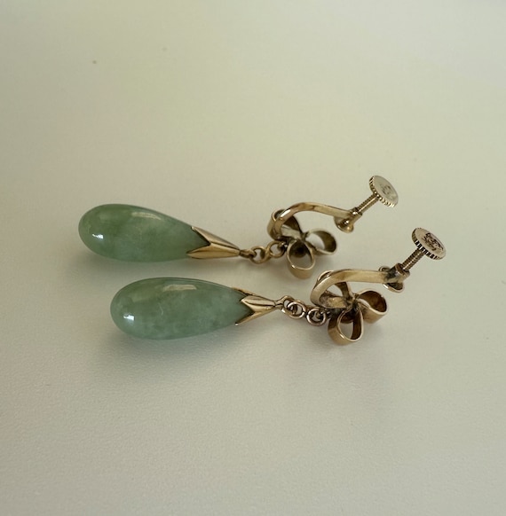 14Kt Gold Dangle Earrings | Green Jade Drop Earri… - image 5