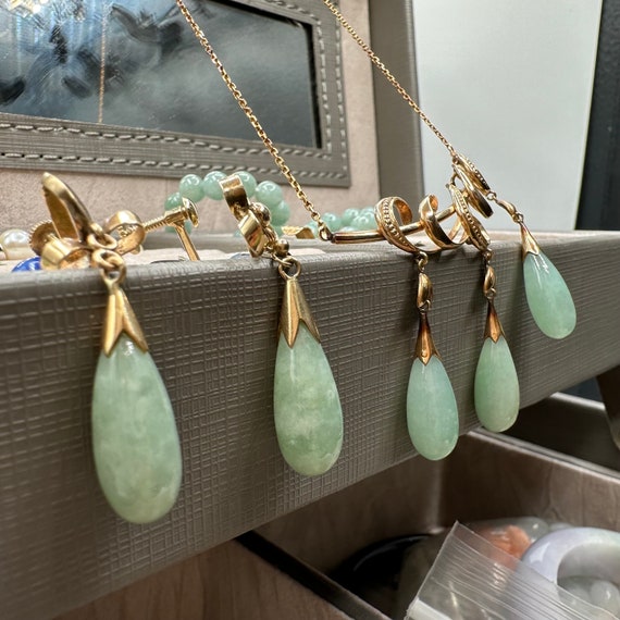 14Kt Gold Dangle Earrings | Green Jade Drop Earri… - image 10