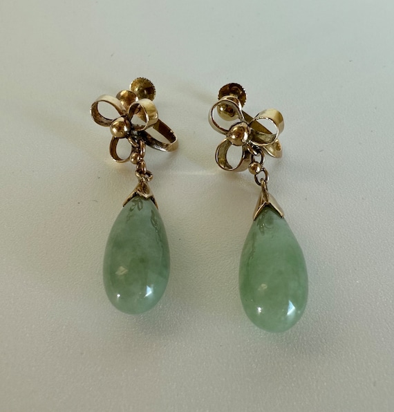 14Kt Gold Dangle Earrings | Green Jade Drop Earri… - image 1