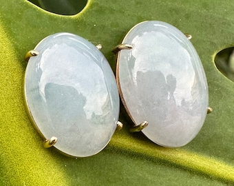 Large 14K Grade A Jade Cabochon Stud Earrings | White & Blushish Gray