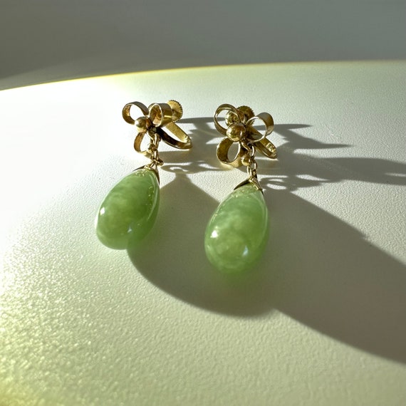 14Kt Gold Dangle Earrings | Green Jade Drop Earri… - image 3