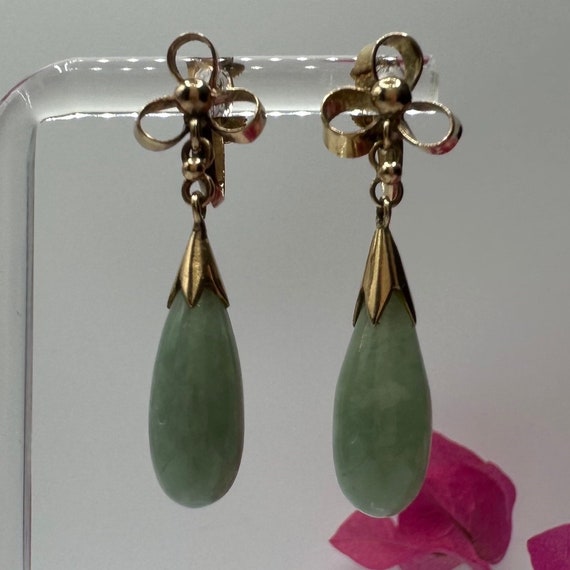 14Kt Gold Dangle Earrings | Green Jade Drop Earri… - image 2
