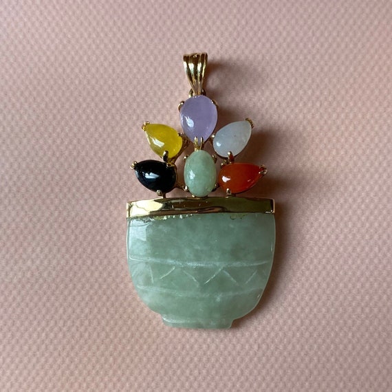 Vintage 14K Jade Basket of Flower in Multiple Col… - image 1