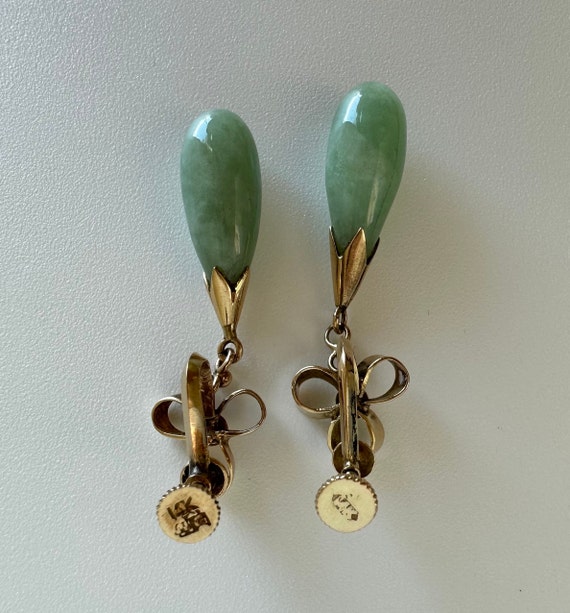14Kt Gold Dangle Earrings | Green Jade Drop Earri… - image 4