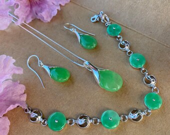 925 zilveren ketting, oorbellen, armband bezet met chrysopraas | Elegante sieradenset