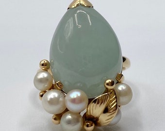 Mings Jewelry Hawaii Translucent Water Jade Ring | 14k Gold Ring | Gold Pearl Ring | Leaves Motif | Large Jade Stone