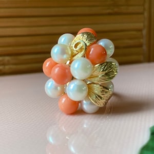 RARE Ming’s of Hawaii 14K Coral and Pearl Cluster Statement Ring (size 6)
