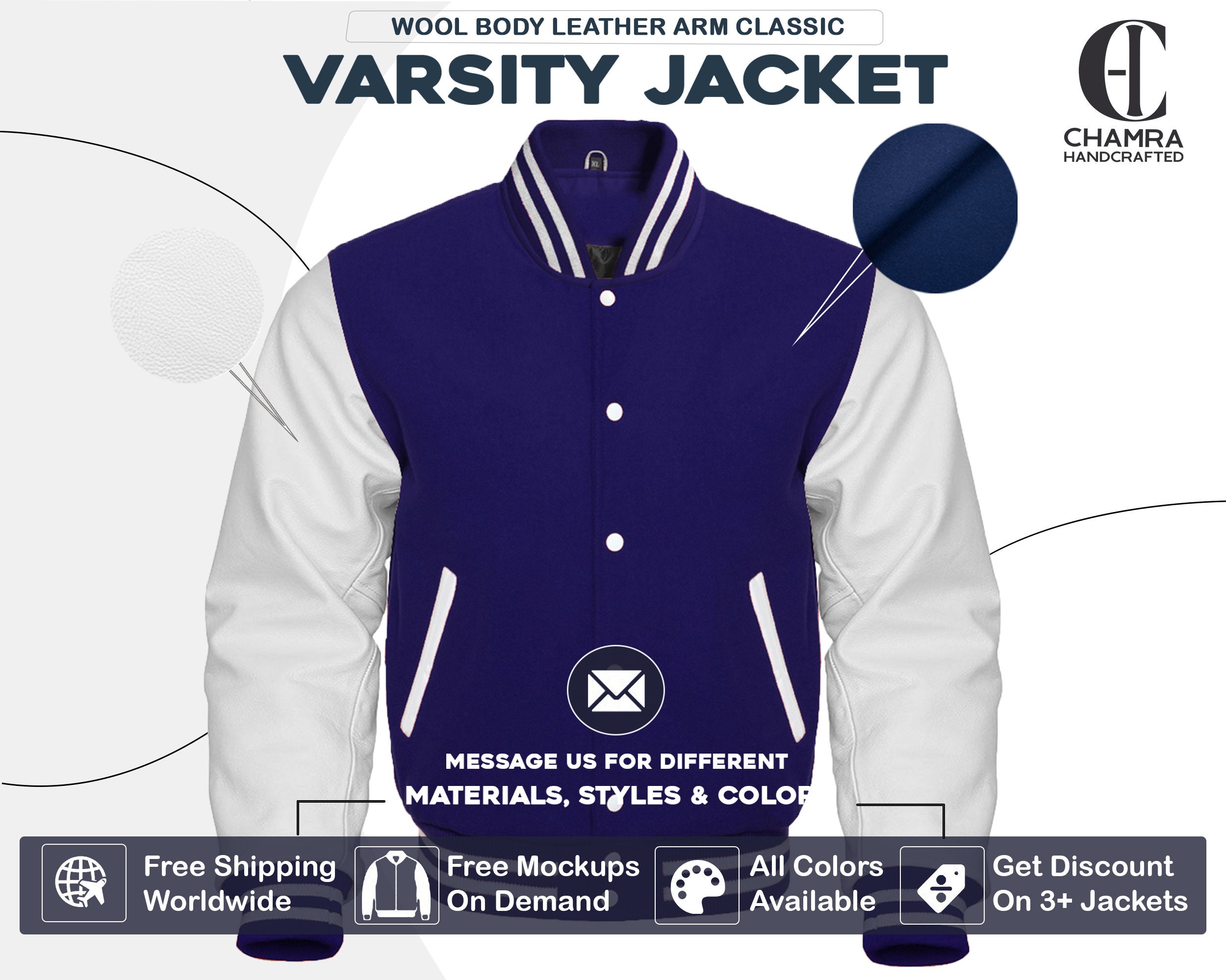 Varsity Jacket Baseball Letterman Bomber School Collage Royal Blue Wool and  Genuine Green Leather Sleeves at  Men’s Clothing store