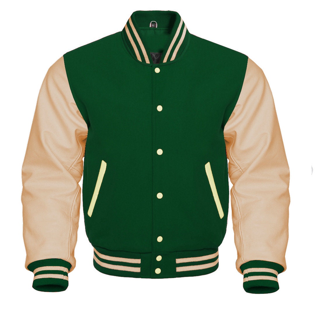 Varsity Base Kelly Green Wool Body & Bright White Leather Sleeves Letterman Jacket , Xxs