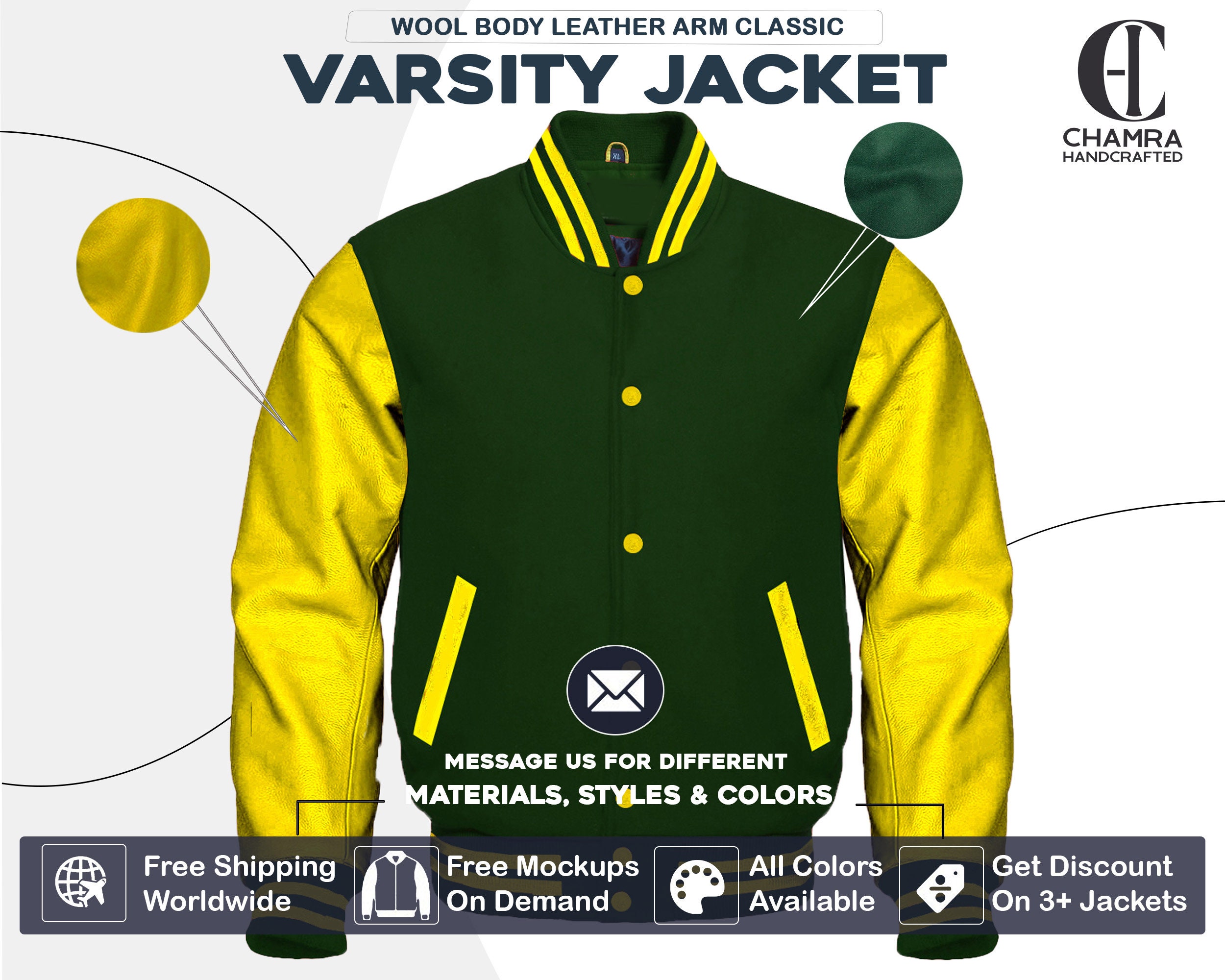 Green & Yellow wool Letterman Baseball Varsity Jacket Body 100% Leather  Sleeves