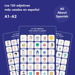 Puede incluir: Tres tarjetas digitales con palabras de vocabulario en español. Las tarjetas son blancas con iconos coloridos y palabras en español. La tarjeta superior tiene el texto "Los 120 adjetivos más usados en español A1-A2". Una burbuja de diálogo dice "All About Spanish".
