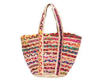 Bohemian Boho Chic Handmade Colorful Hippie Chindi & Jute Mexican Style Basket Tote Bag