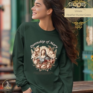 Camiseta de manga larga de reinado de María de estilo vintage antiguo, camisa de asunción de María, regalos de María Reina del Cielo, regalos de la Madre de Dios