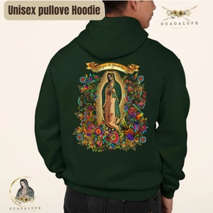 Men’s Mexican Folk Art Pullover Hoodie, Colorful Floral Virgen de Guadalupe Sweatshirt, Mexico-Inspired Hoodie, Cinco de Mayo Ethnic Apparel