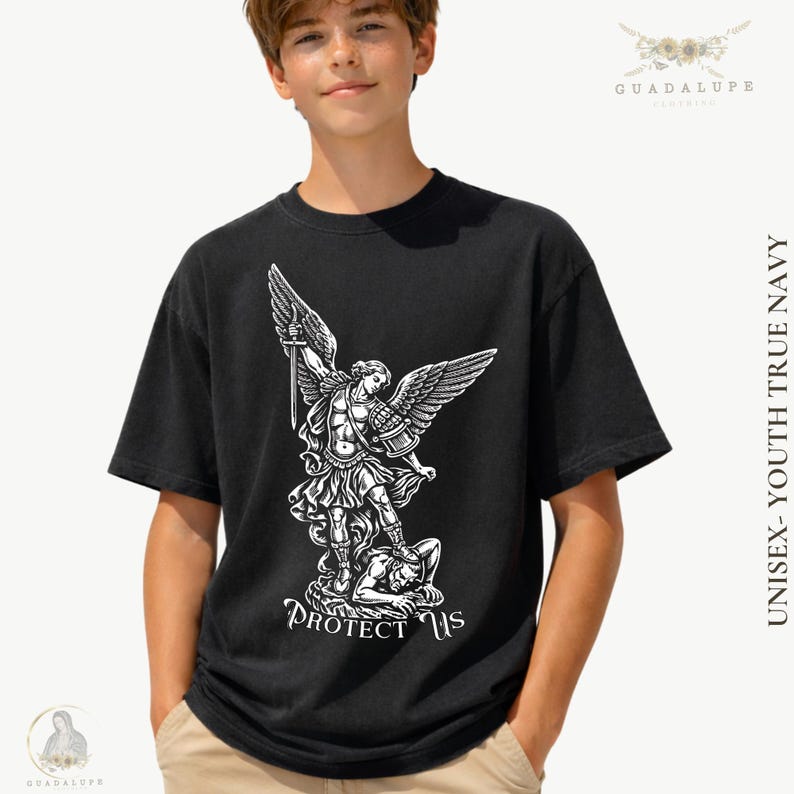 May include: Black unisex youth t-shirt with a white graphic of an angel with wings, holding a sword, standing over a figure. The text "PROTECT US" is below the graphic. The shirt is labeled "UNISEX - YOUTH TRUE NAVY".