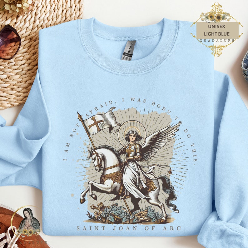 Catholic Saint Joan Of Arc Gifts, Sentimental Gifts, Vintage Boho Religious Gifts, Devotional Gifts, Unique gifts, Church Clothing Light Blue