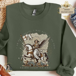 Catholic Saint Joan Of Arc Gifts, Sentimental Gifts, Vintage Boho Religious Gifts, Devotional Gifts, Unique gifts, Church Clothing Military Green