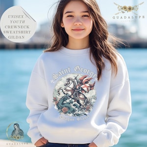 St. George Youth Sweatshirt, Fantasy Catholic Gift for Teens, Dragon Slayer Crewneck, Devotional Cozy Gifts, Summer Religious Camp Wear