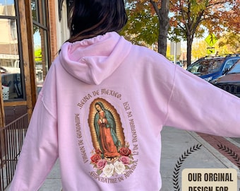 Virgin Mary Hoodie: Mexican Fiesta Floral Backview Print