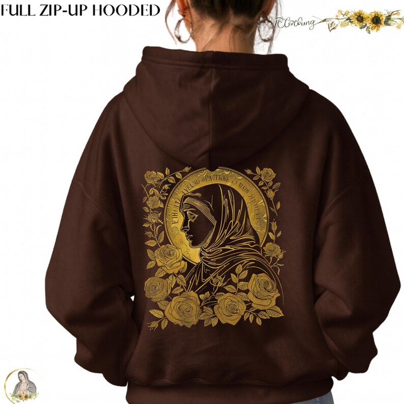 May include: A brown full zip-up hooded sweatshirt. The back features a gold illustration of a woman's profile surrounded by roses and text. The text "FULL ZIP-UP HOODED" is at the top.