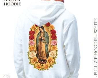 Our Lady of Guadalupe  Full Zip Hoodie, Catholic Vintage Distressed Style Hooded Sweatshirt