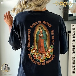 Camiseta de colores cómodos con motivo de aniversario de la Virgen de Guadalupe, estilo bohemio vintage, camiseta de la Virgen María, regalos para el mes de la herencia española, regalos para el orgullo mexicano