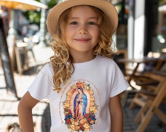 Första kommunionen Gåvor Vår Fru av Guadalupe Jungfru Maria Blommig Ungdomströja | Religiös Katolsk T-shirt
