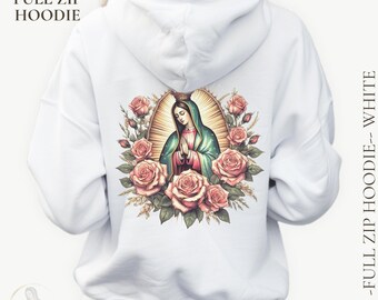 Our Lady of Guadalupe Roses Zip Hoodie | Virgin Mary Floral Reina de México