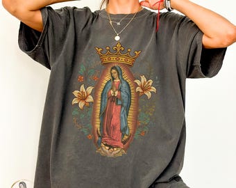 Virgin Mary T-Shirt: Comfort Colors, Vintage Catholic Boho Style