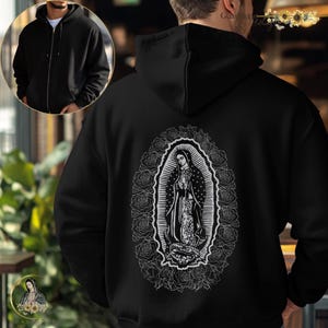 Retro Our Lady Of Guadalupe Full Zip Hooded Sweatshirt, Virgen de Guadalupe Catholic Christian Clothing, Religious-based Gifts