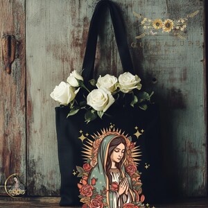 Vintage Guadalupe Canvas Einkaufstasche, religiöse Baumwolltasche, mexikanische Jungfrau Maria Markttasche, wiederverwendbare umweltfreundliche Schultertasche, religiös
