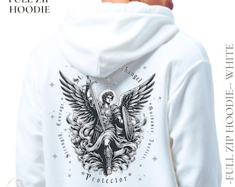 May include: White full zip hoodie with a detailed black and gray graphic of an angel holding a sword and shield. The hoodie features the text "UNISEX FULL ZIP HOODIE" and "-FULL ZIP HOODIE-- WHITE". The graphic includes the words "Strength, Courage, St. changel, Guidance, Justice, Protector".