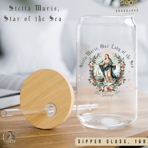 Stella Maris Sipper Glass 16oz, katholisches christliches Eiskaffeeglas, Jungfrau Maria Sommerbecher, religiöses Geschenk, Andachtsgeschenke