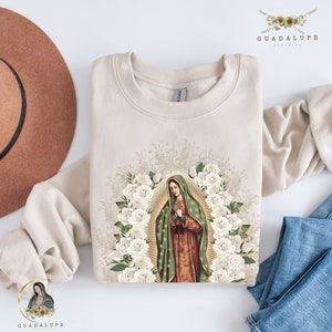 Plus Size Virgen Of Guadalupe Sweater, Virgin Mary Gifts, Virgencita Bohemian Crewneck, Espiritual Mom Gifts, Catholic Holidays