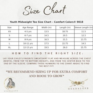 May include: Size chart for youth midweight tee shirts. Includes measurements in inches for width, length, and sleeve length for sizes XS to XL. Instructions on how to find the right size are also included. The text recommends sizing up for extra comfort.