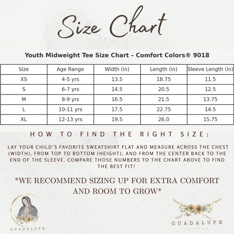 May include: Size chart for youth midweight tee shirts. Includes measurements in inches for width, length, and sleeve length for sizes XS to XL. Instructions on how to find the right size are also included. The text recommends sizing up for extra comfort.